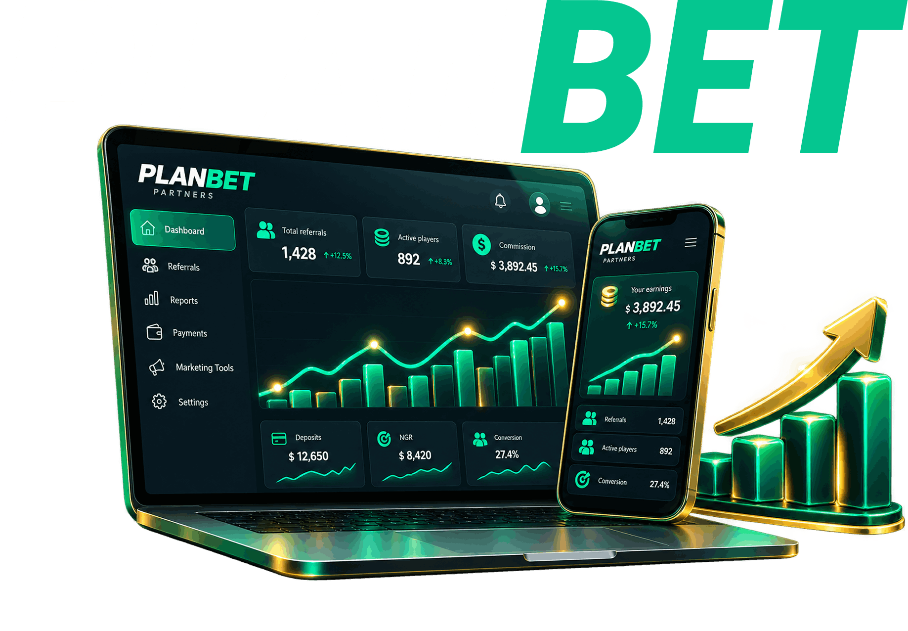 Planbet affiliate dashboard illustration with laptop, mobile phone and Planbet logo