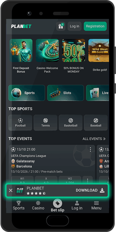 Download button on the Planbet homepage on Android