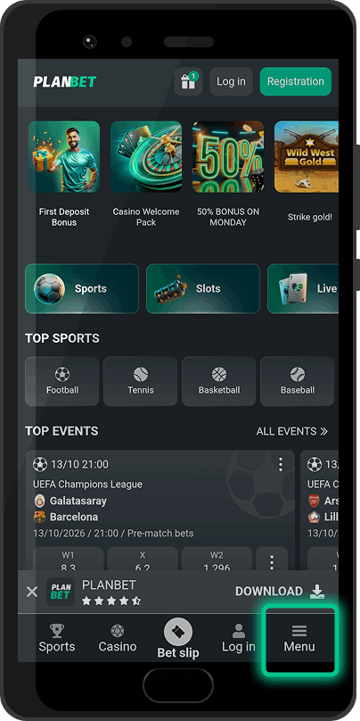 Side menu on the Planbet mobile website on Android