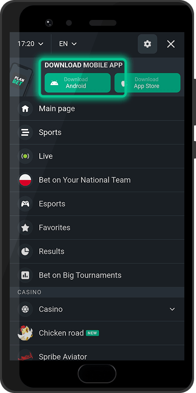 Download Android button in the Planbet menu