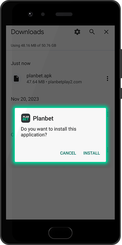 Planbet APK installation prompt on Android