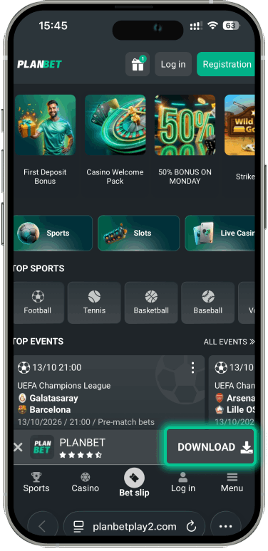 Download button on the Planbet homepage in Safari on iPhone