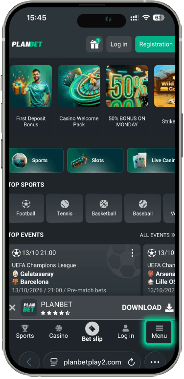 Main menu on the Planbet website on iPhone