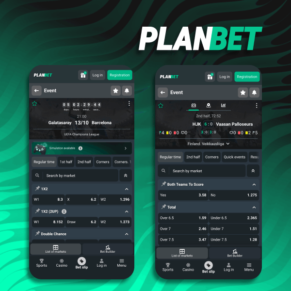 Planbet live football pre-match and betting markets on mobile