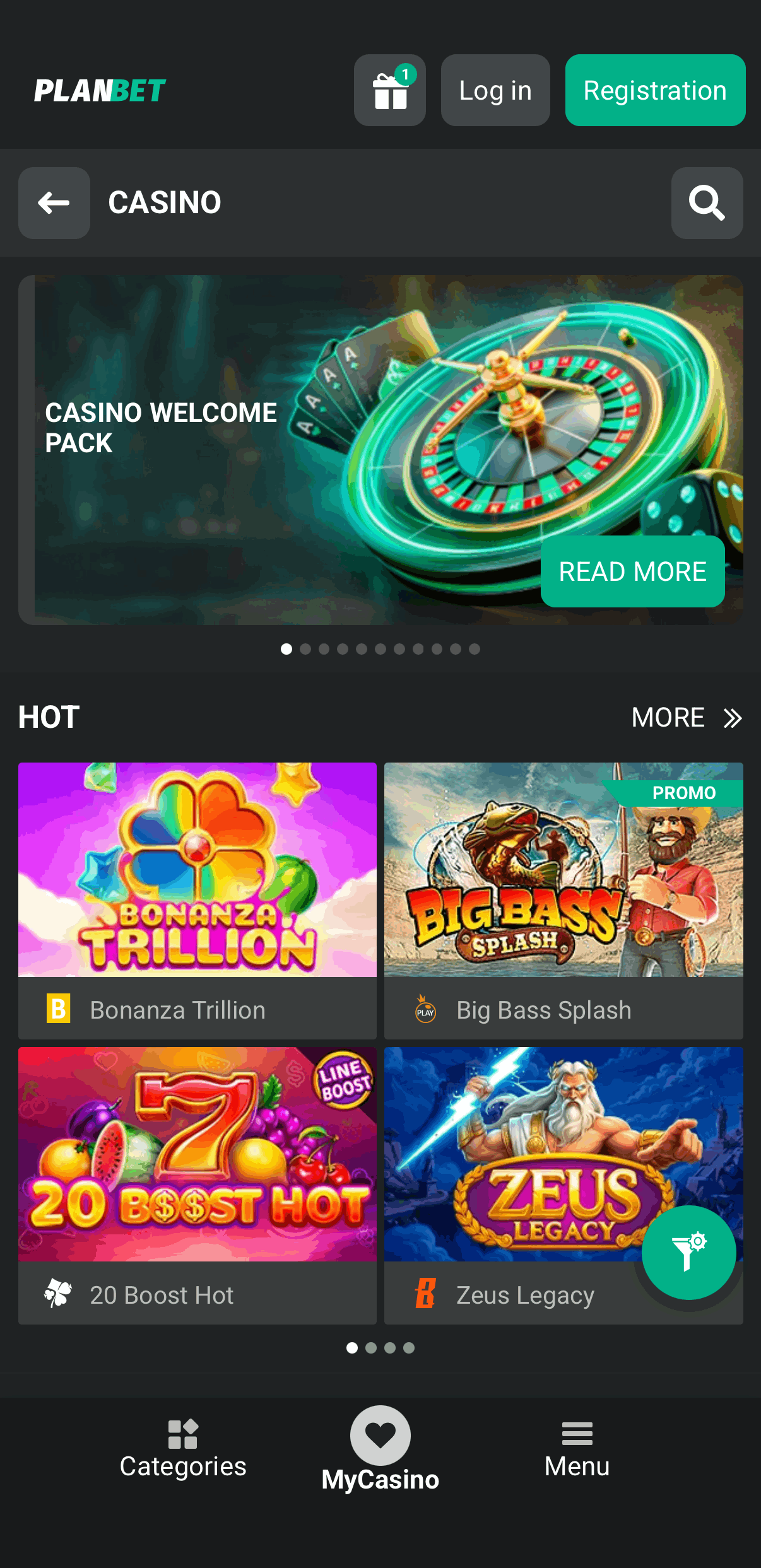Planbet casino lobby with slot games on mobile