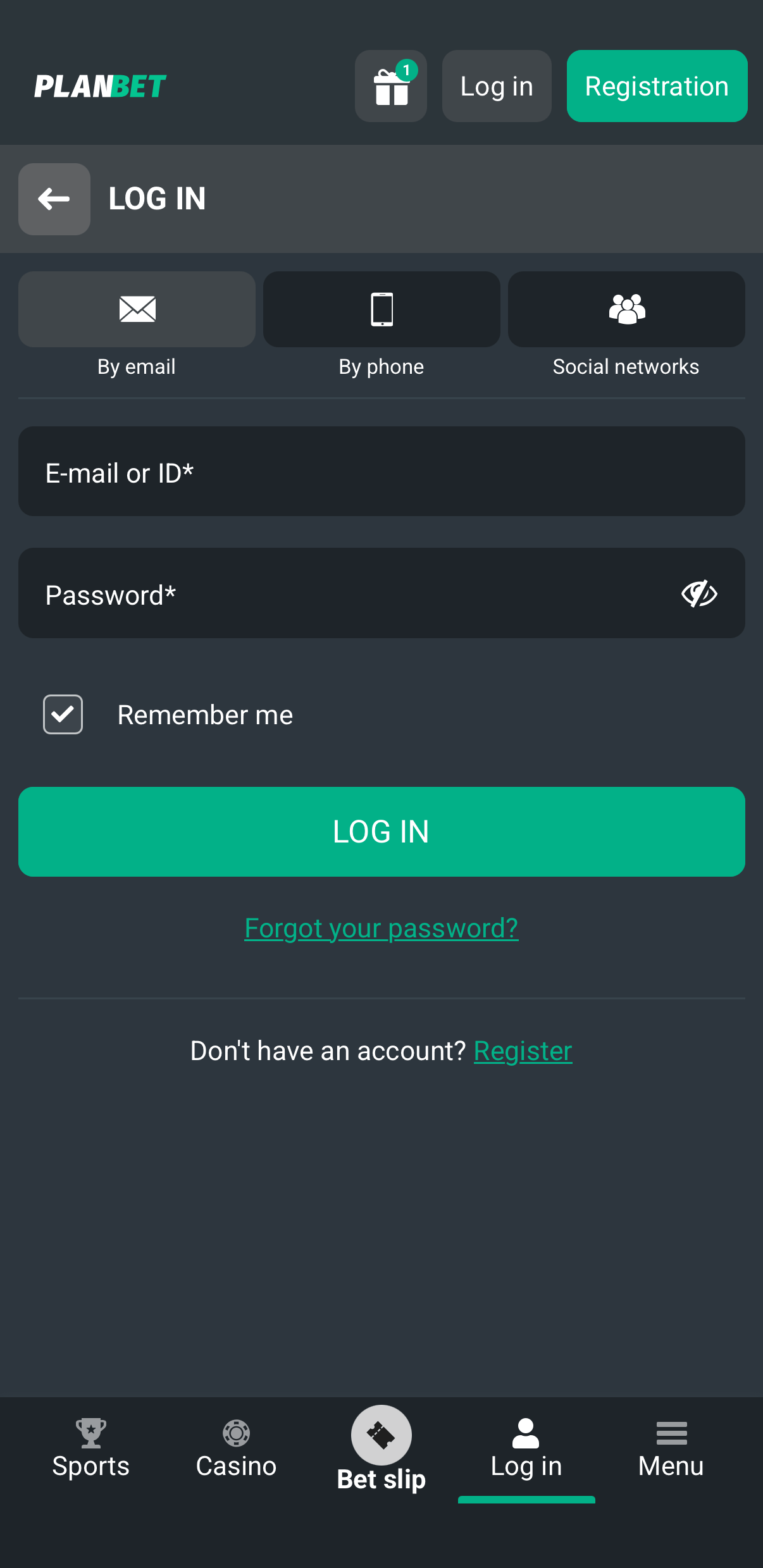 Planbet account login screen on mobile