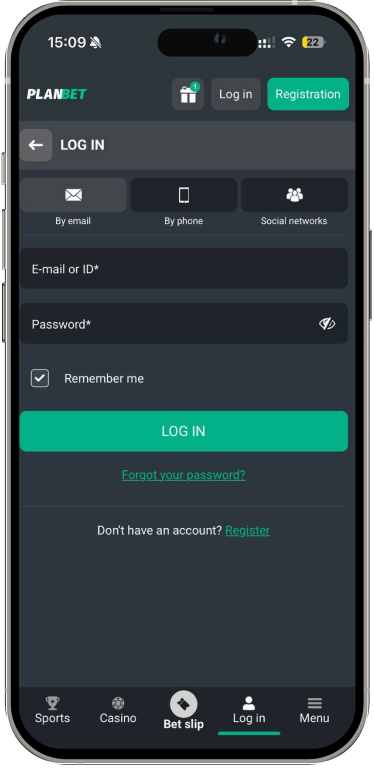 Planbet mobile login page for email and phone sign in