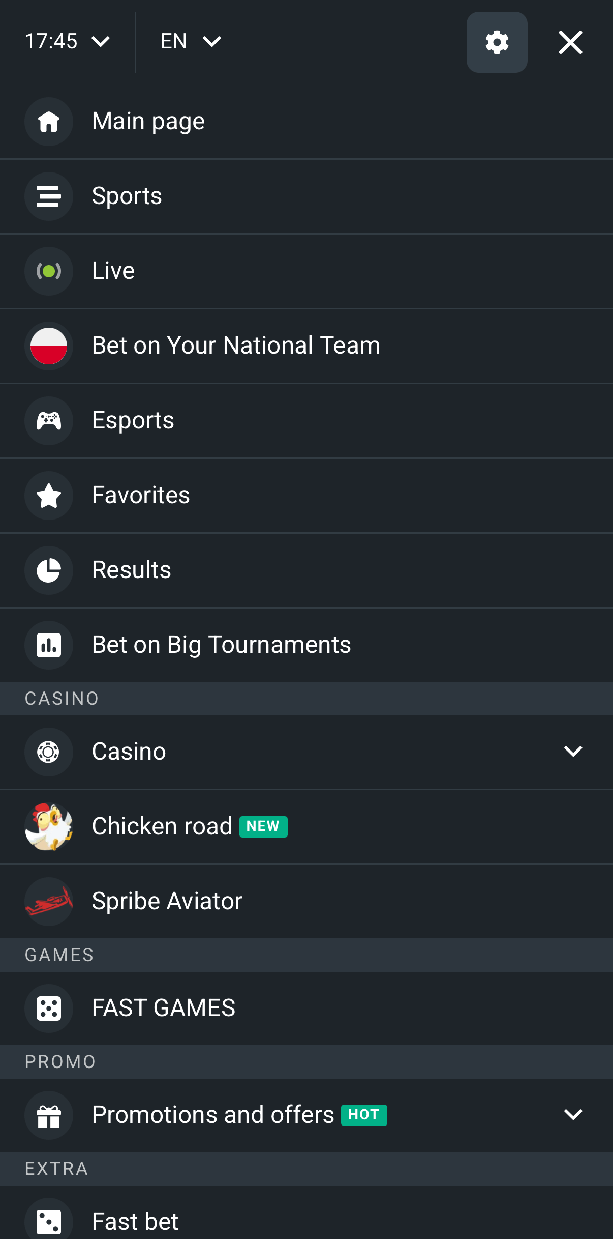 Planbet mobile navigation menu with Sports, Live and Casino sections