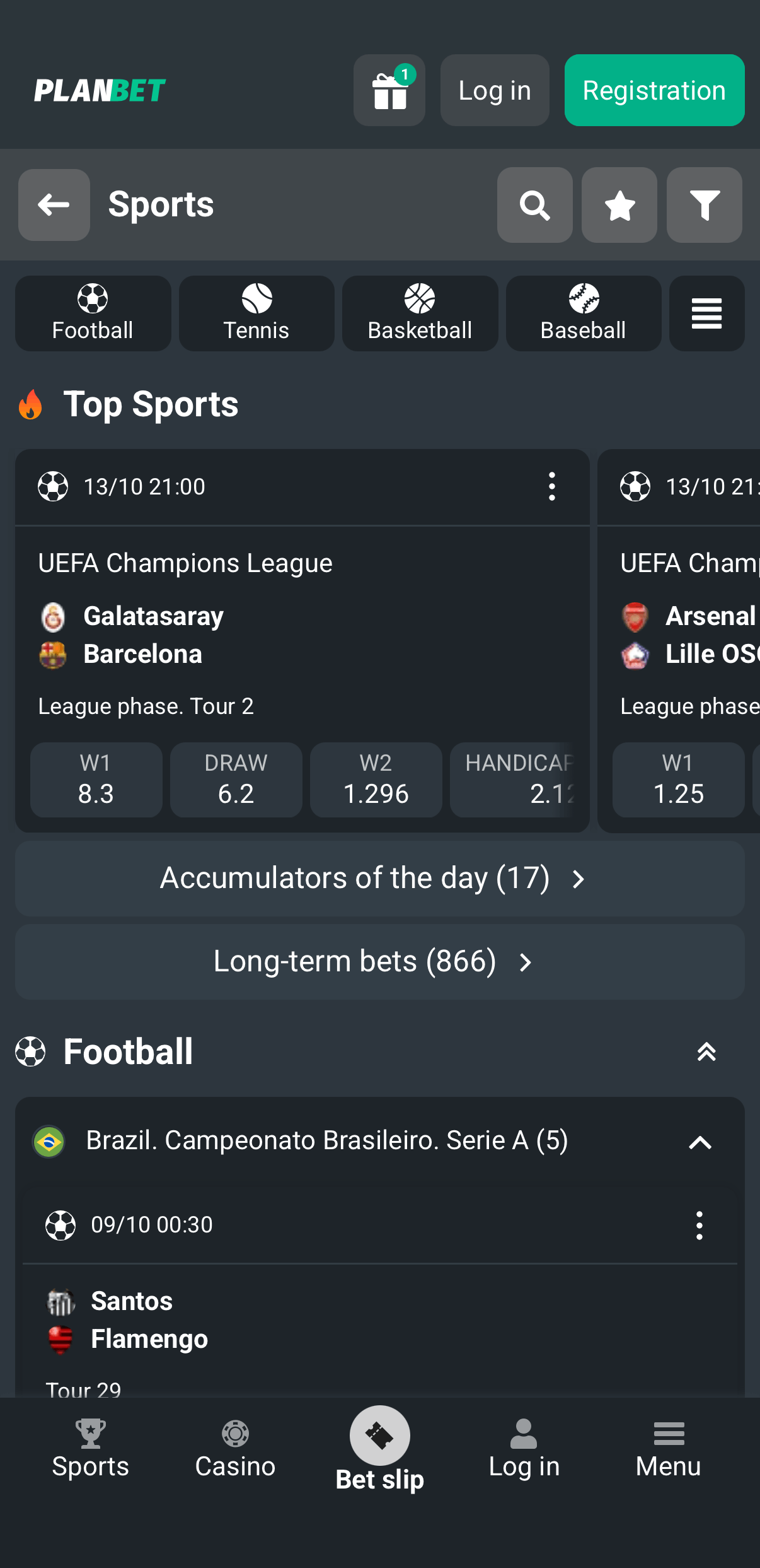 Planbet sportsbook interface on mobile