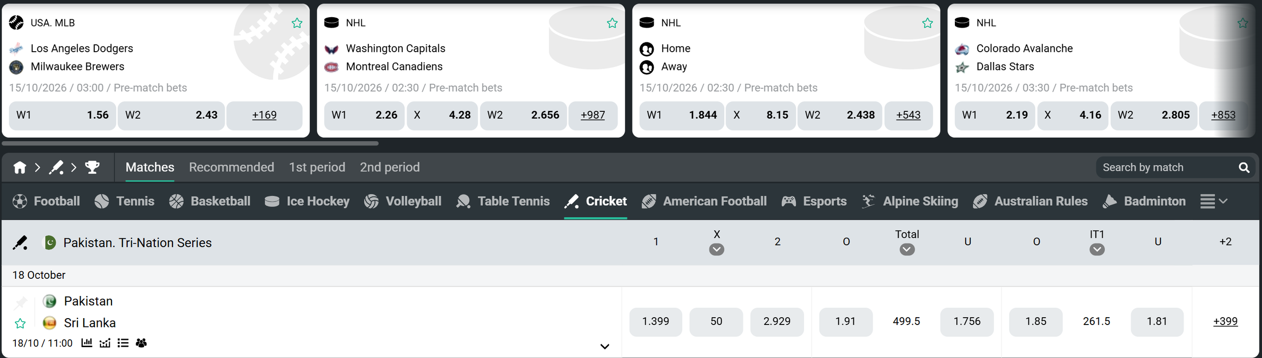 Planbet cricket betting markets and odds