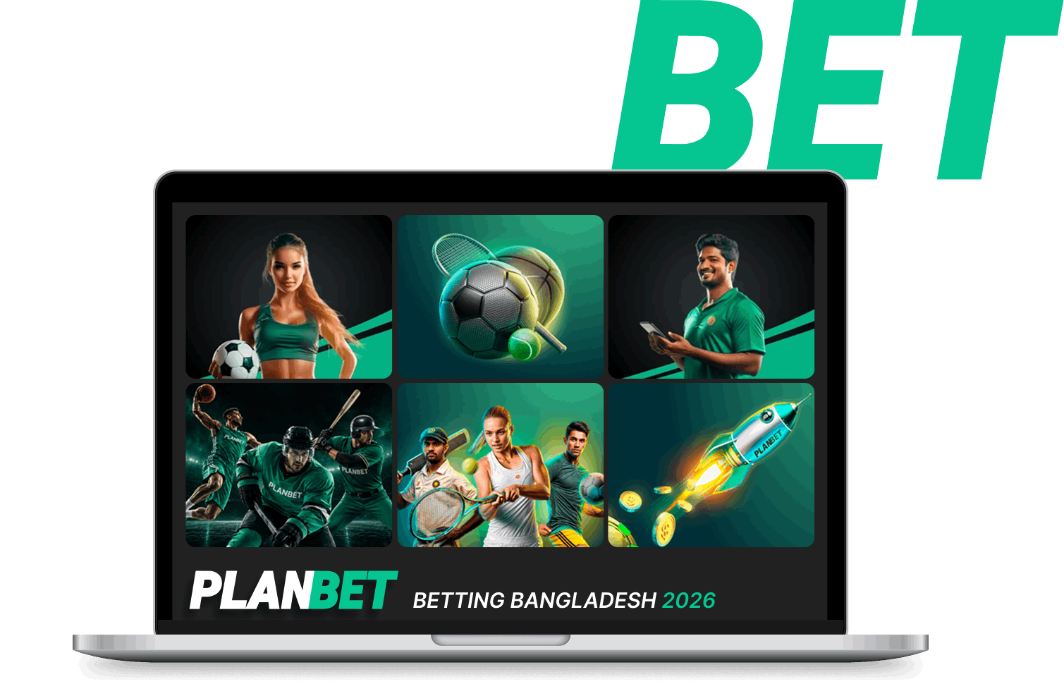 Planbet betting banner with a laptop displaying sports markets