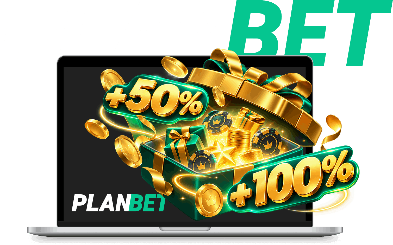 Planbet bonus banner with a laptop, gift box and percentage symbol