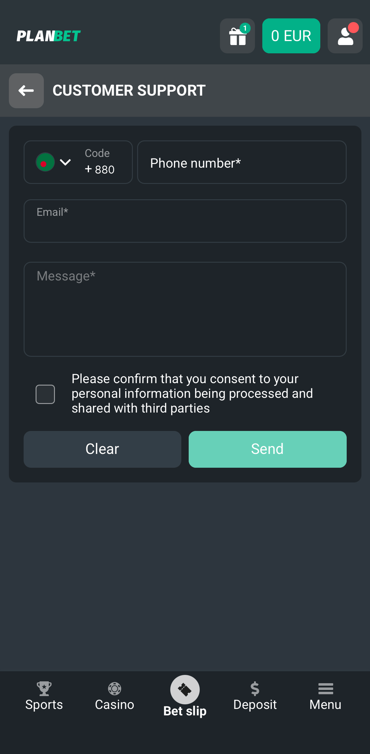 Planbet support contact form fields