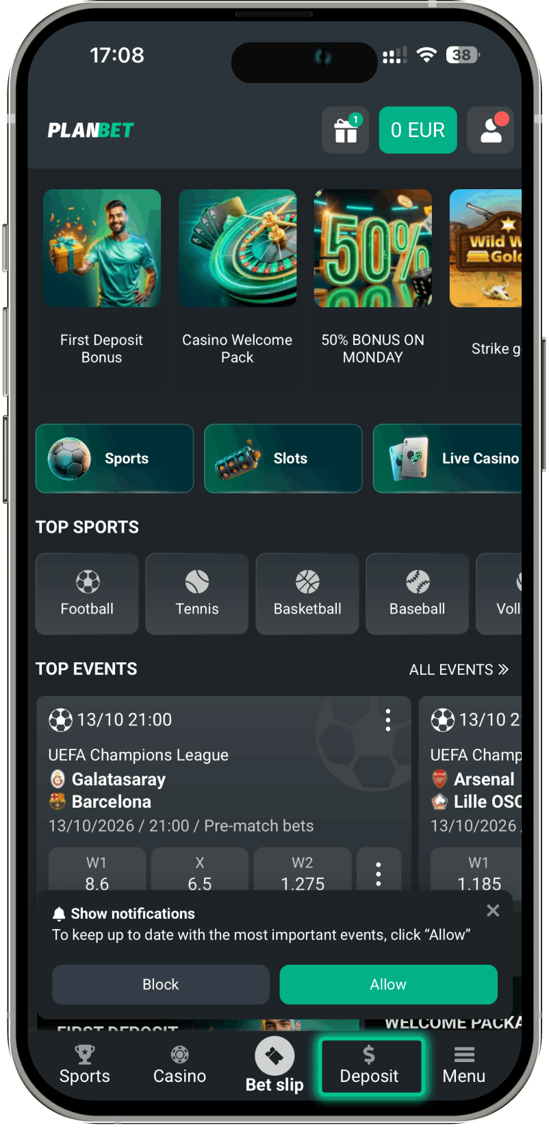 Planbet mobile screen with the Deposit button highlighted