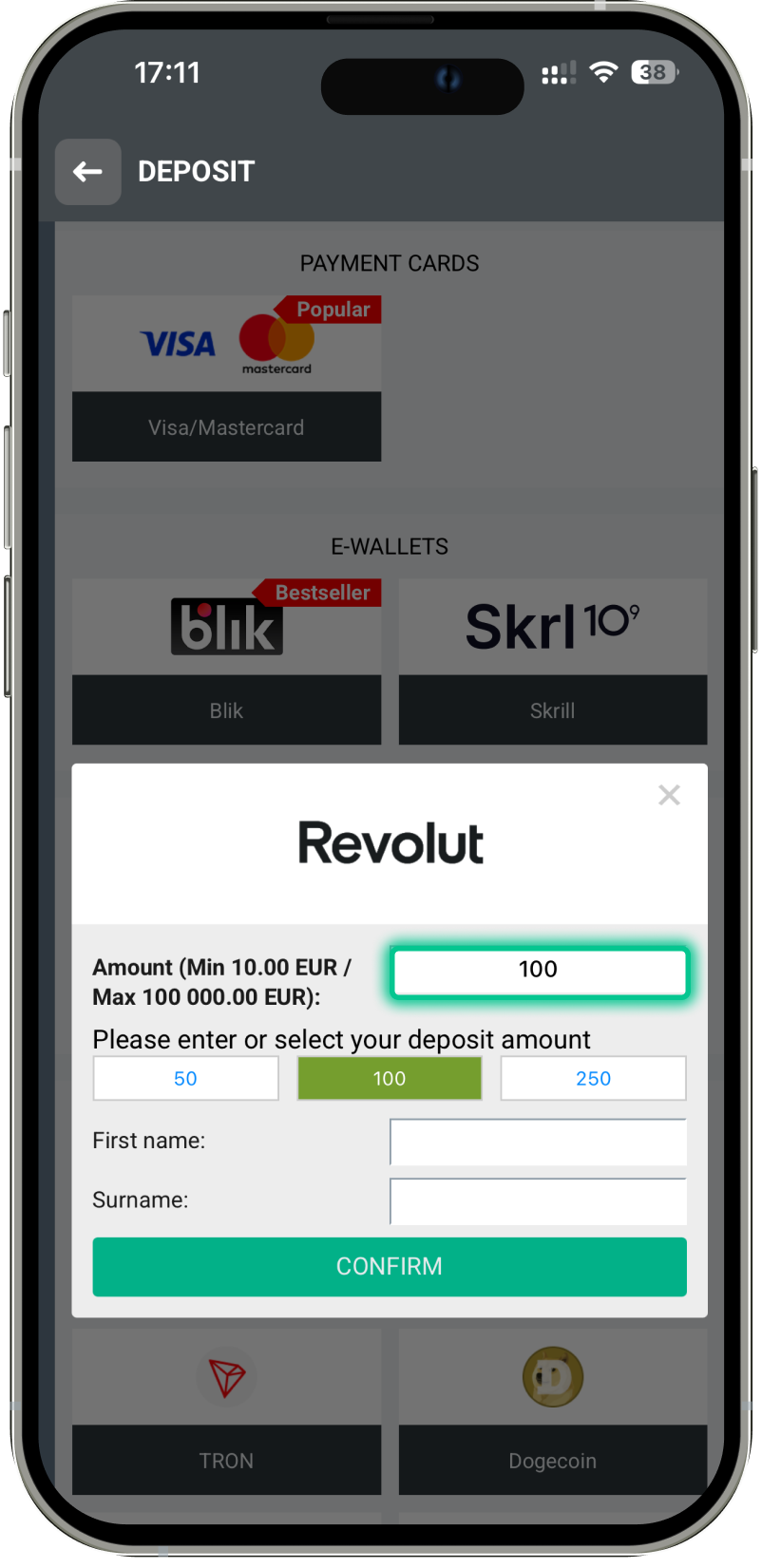 Revolut deposit window in Planbet with amount selection and confirmation button