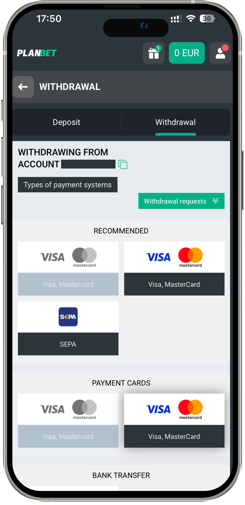 Planbet withdrawal screen showing available payment methods
