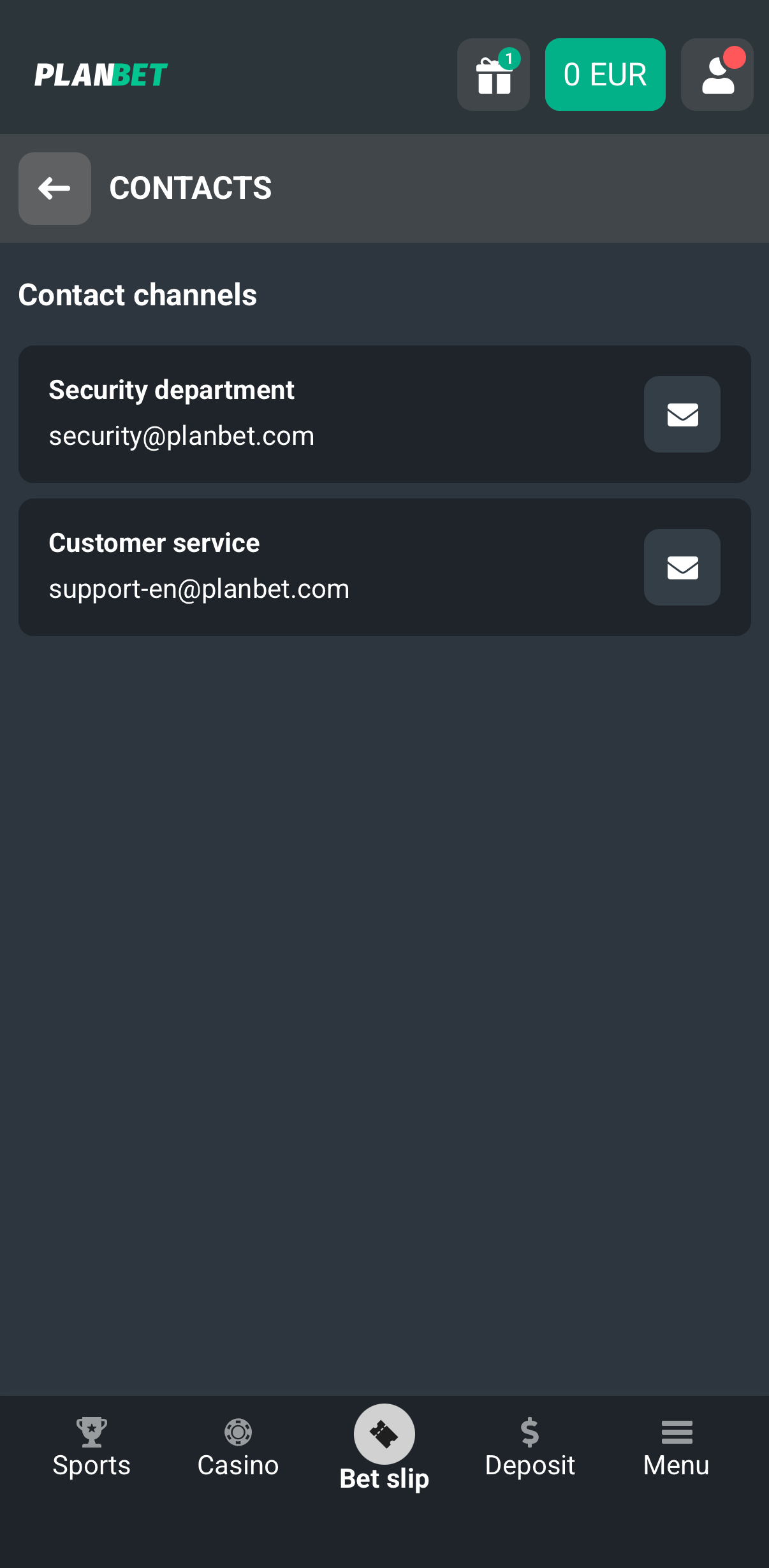 Planbet customer support and security email contacts