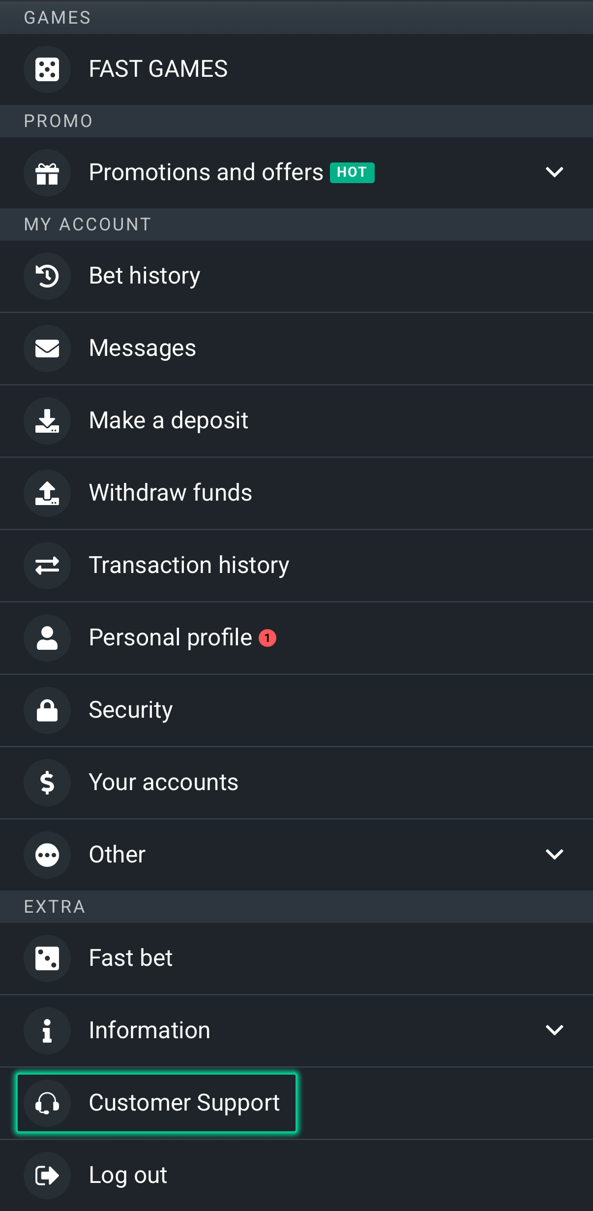 Planbet mobile menu with Customer Support option