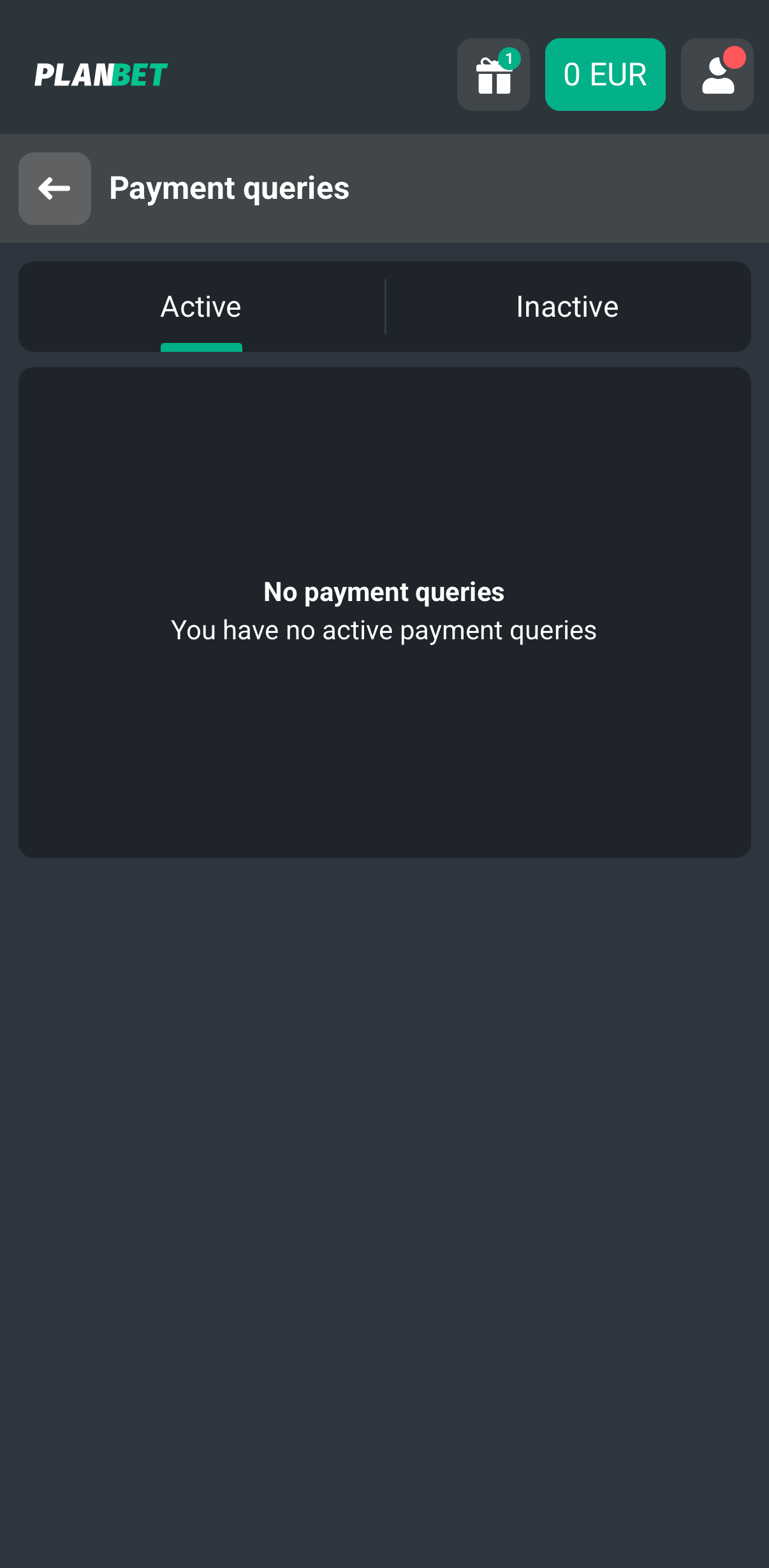 Planbet active and inactive payment queries history