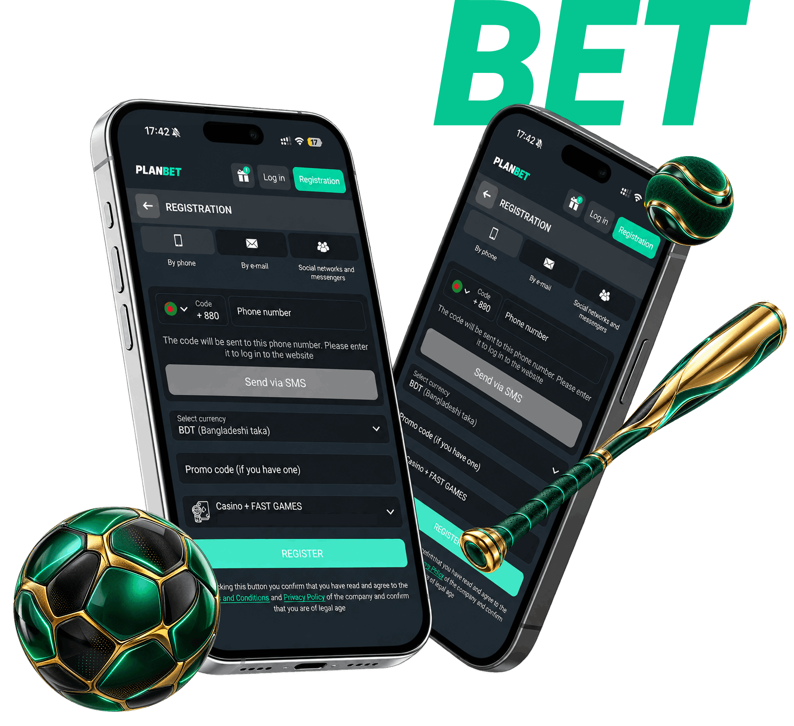 Planbet promotional banner showing registration forms with a promo code field