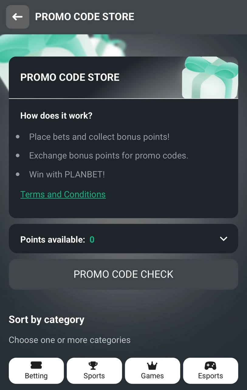 Planbet Promo Code Store interface