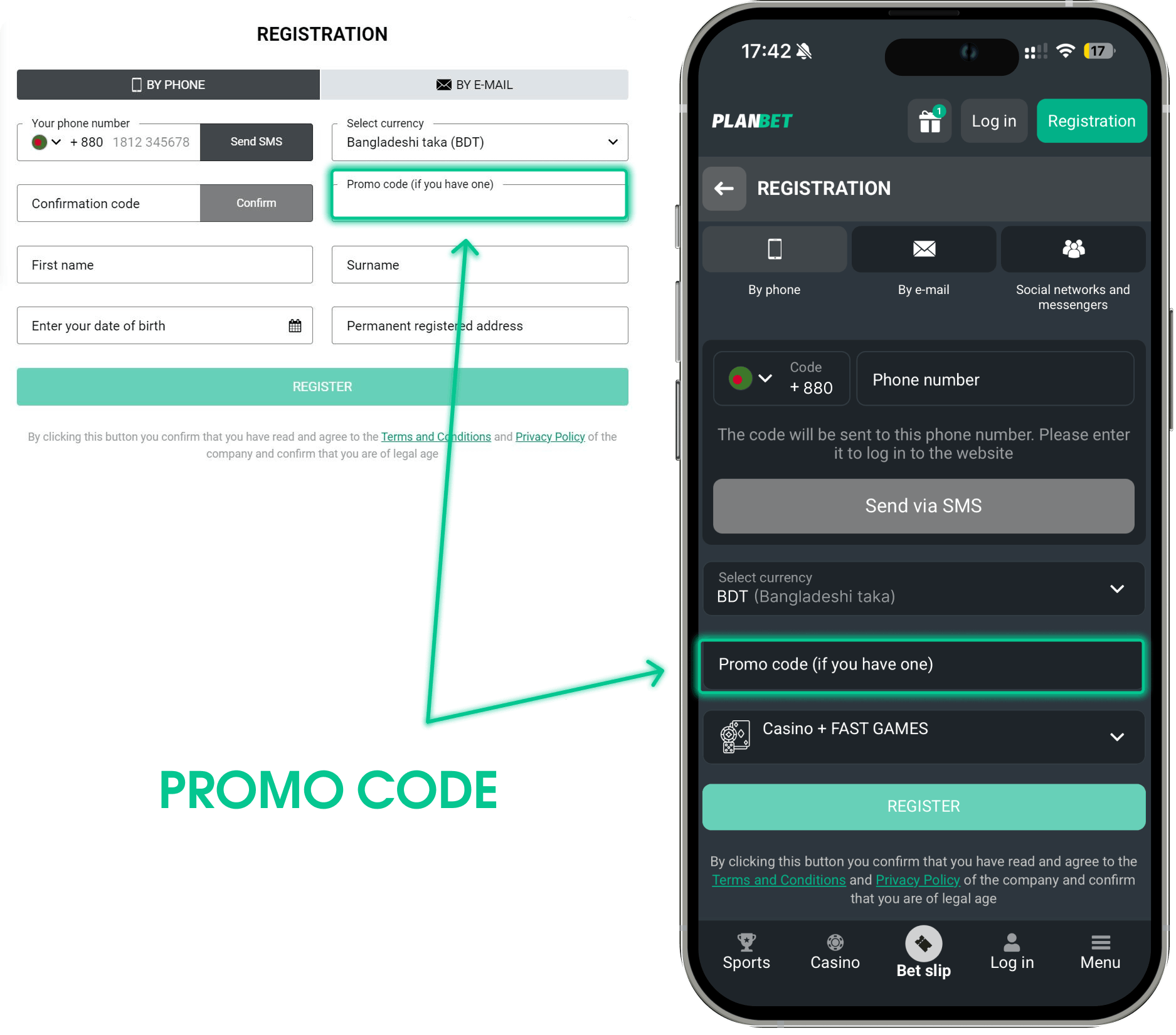 Planbet registration form with the promo code field highlighted