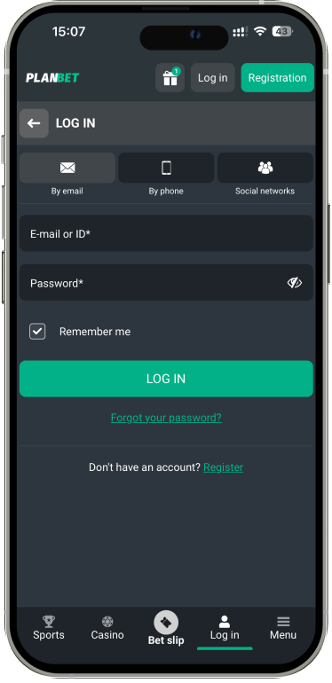 Planbet login form on a mobile phone