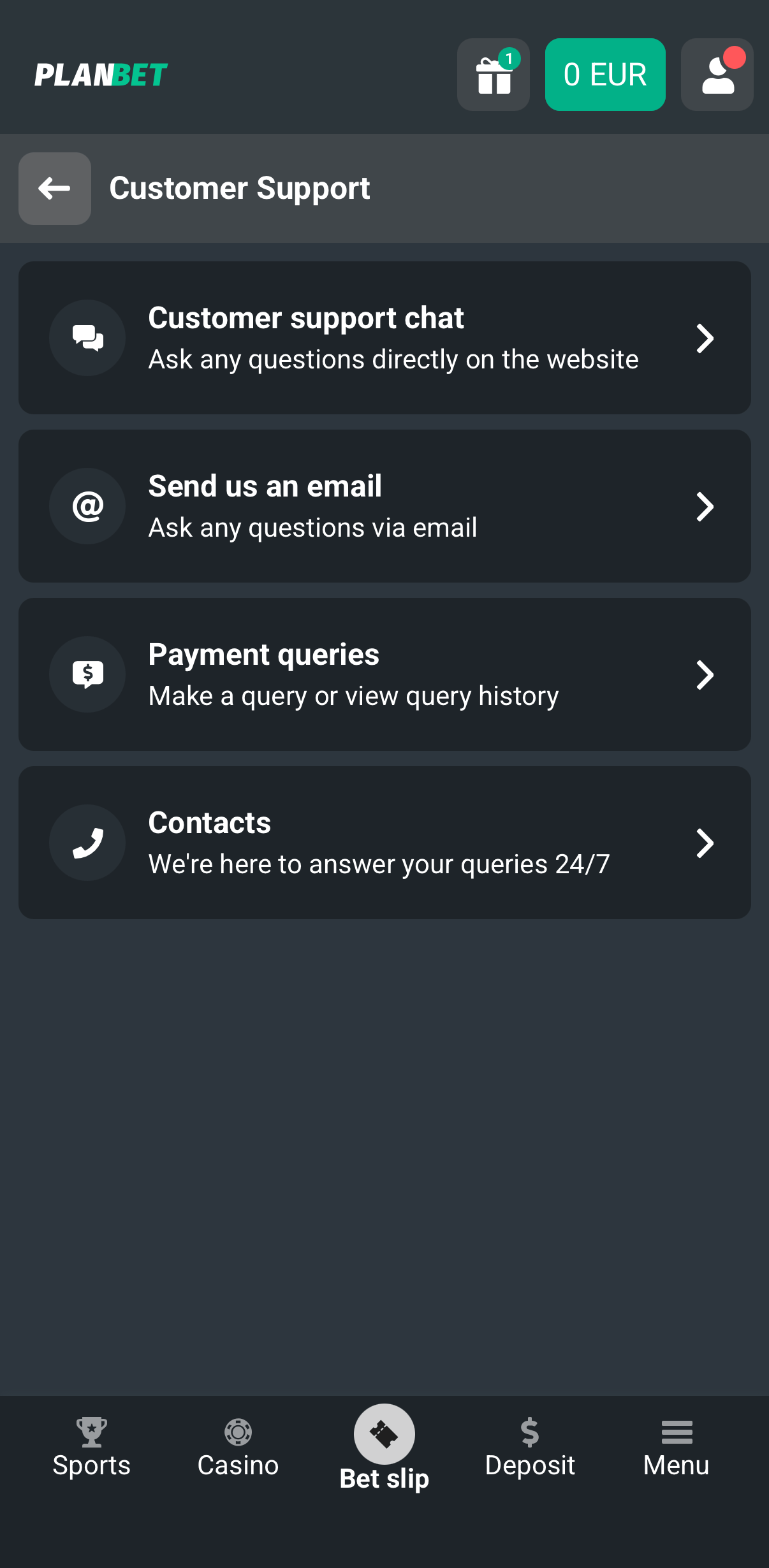 Planbet support center options and channels